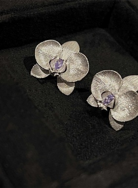 新中式拉丝工艺紫色宝石高级蝴蝶兰立体耳钉女清冷感轻奢气质