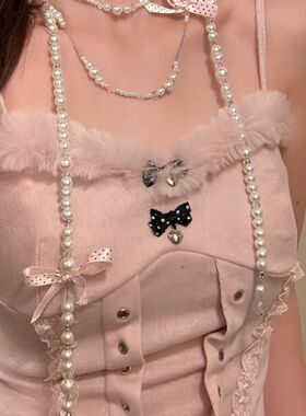 在逃公主波点蝴蝶结串珠项链长款多层叠戴毛衣链配饰颈链锁骨链