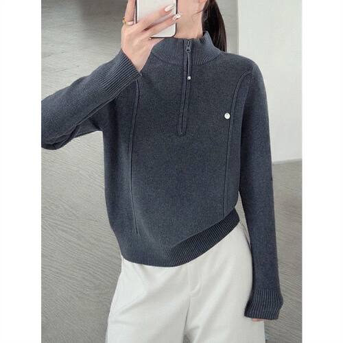 立领半拉链大码内搭针织毛衣女加绒加厚春季秋冬半高领正肩打底衫 - 图0