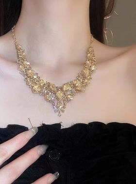 两件套金色闪钻水滴项链女新款脖颈链新娘首饰晚礼服锁骨配饰品