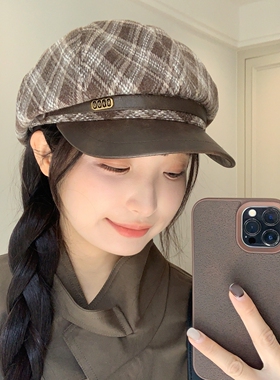 显脸小英伦风格纹毛呢八角帽黑复古贝雷帽女报童帽子红色黑色格子