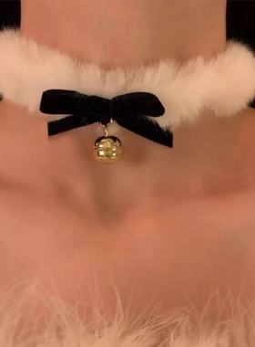 2026新款圣诞节毛绒choker蝴蝶结铃铛项链女秋冬高级感颈链锁骨链