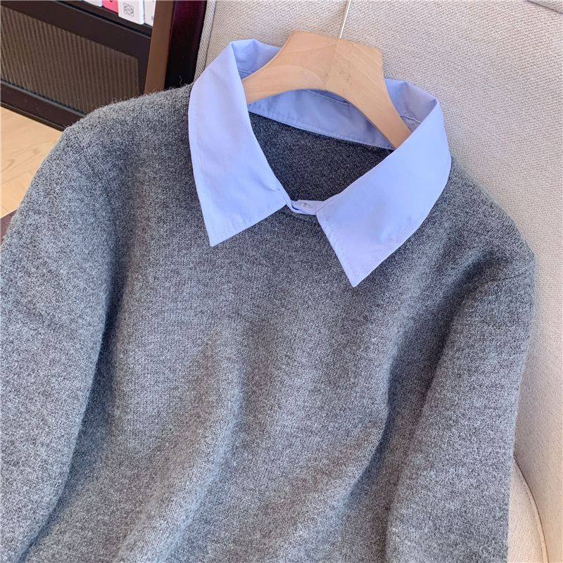 假两件衬衫领毛衣女秋冬季大码内搭慵懒风撞色翻领灰色套头针织衫,淘宝优惠券,粉丝福利购,淘宝优惠卷