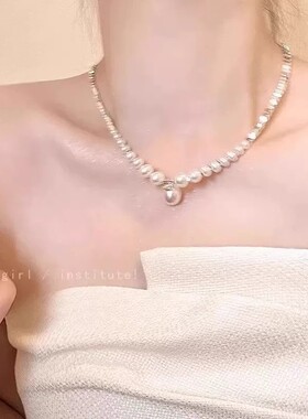 双层流苏珍珠项链女小众锁骨链轻奢高级感脖颈链吊坠链蝴蝶结黑色