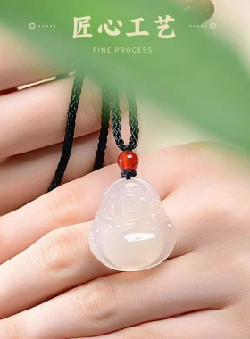 冰种天然玉髓佛公项链大肚佛吊坠编织绳毛衣链女款弥勒笑佛挂坠男