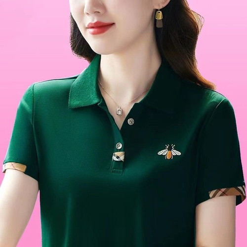 女士t恤短袖夏季polo衫翻领上衣2023新款中老年女装宽松妈妈薄T - 图1
