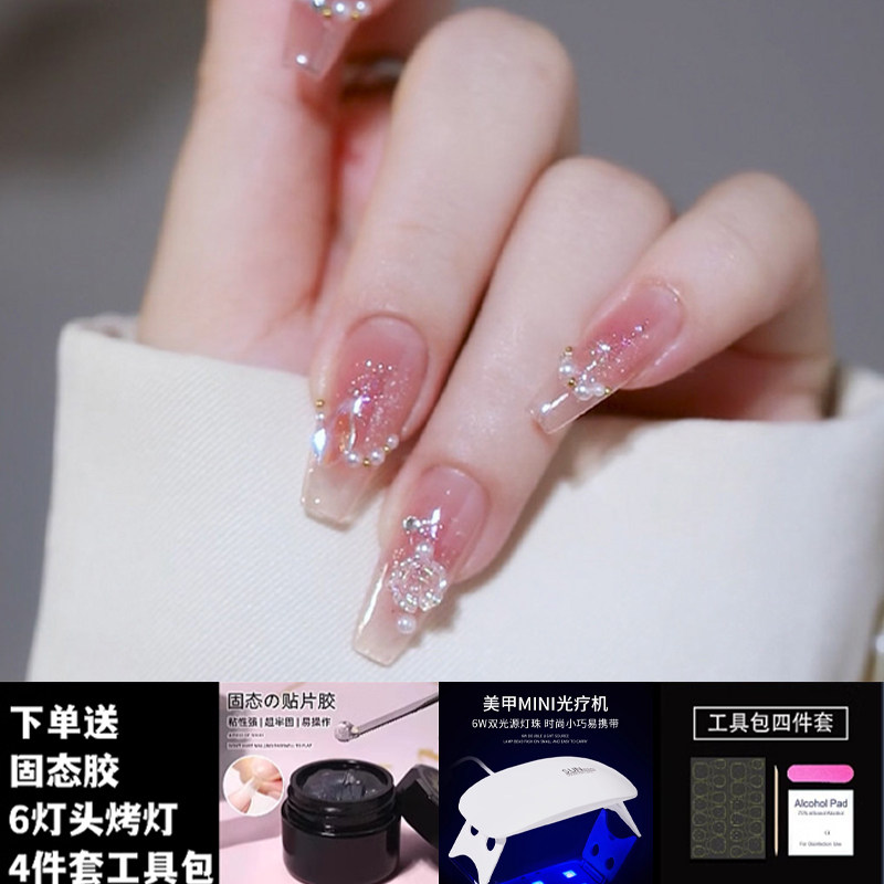 美甲穿戴甲烤灯固态胶新年显白红色穿戴甲中长款蝴蝶结美甲贴片,淘宝优惠券,粉丝福利购,淘宝优惠卷