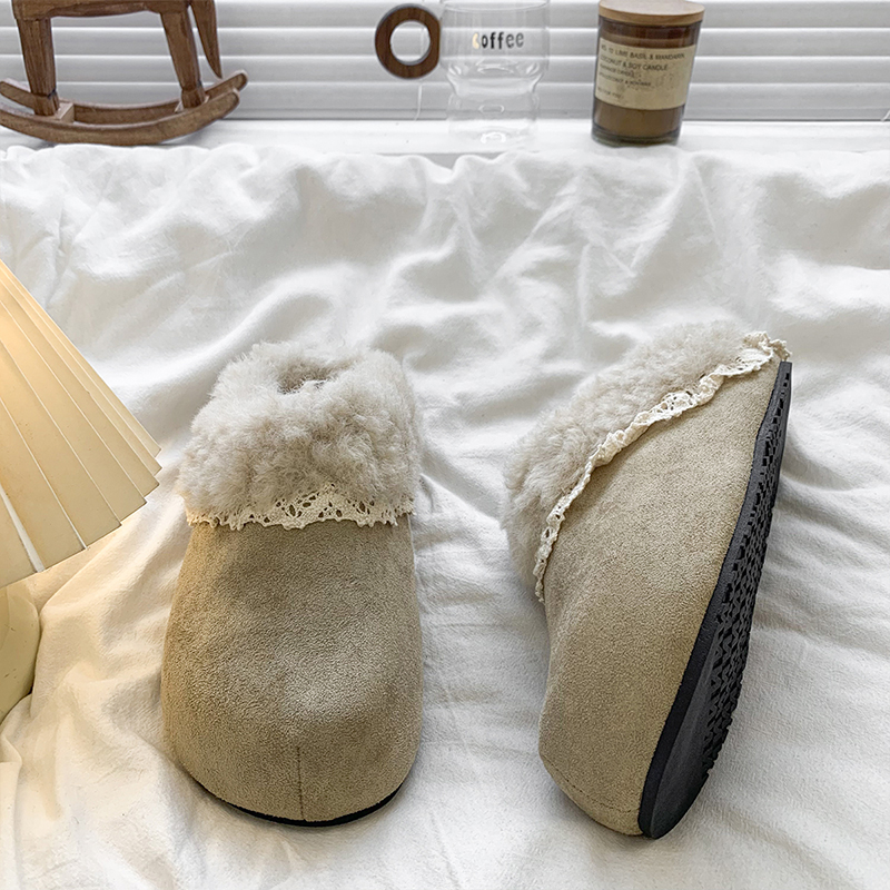 内增高花边勃肯鞋加绒毛毛棉拖鞋女外穿2025冬季新款厚底包头半拖 - 图2