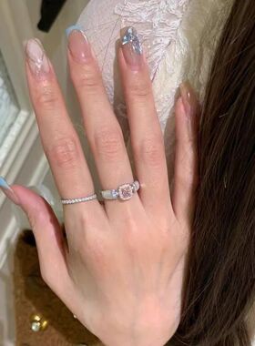 中古vintage粉色方糖锆石戒指轻奢小众高级感食指戒名媛千金指环