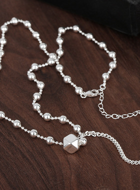 s925纯银风米珠拼接项链立体菱形流苏小众设计感时尚百搭网红圆珠