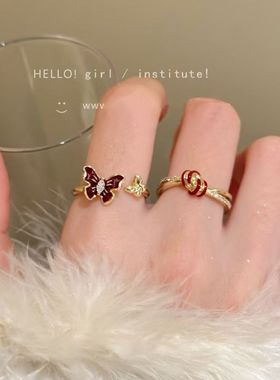 复古安可拉红滴釉蝴蝶戒指女2025新款爆款食指戒小众冷淡风开口戒