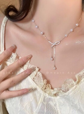 双层流苏珍珠项链女山茶花小众锁骨链轻奢高级感脖颈链吊坠链项链