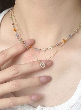 彩色叠戴项链设计少女心甜美高级感锁骨链百搭清新俏皮choker颈链