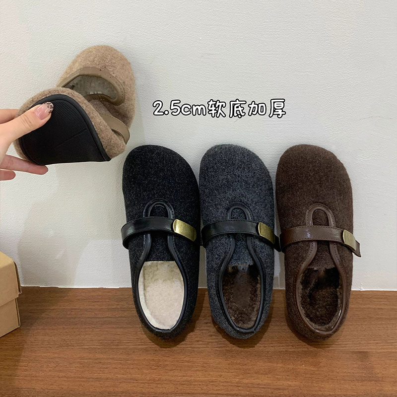 厚底毛呢加绒勃肯鞋女2025秋冬新款灰色保暖棉鞋平底玛丽珍毛毛鞋 - 图1
