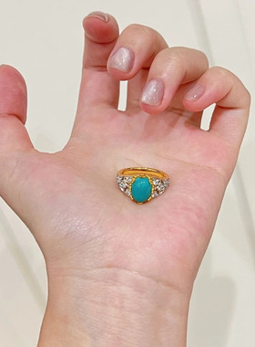 925Vintage复古宫廷风分金镶嵌满钻绿松石戒指小众设计感食指戒