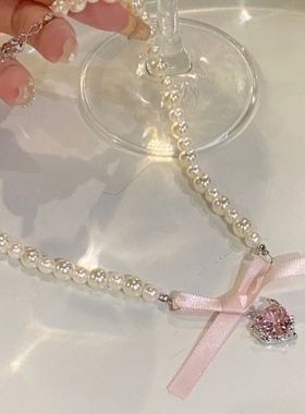 白桃乌龙~爱心蝴蝶结珍珠项链女生夏轻奢小众颈链七夕礼物送闺蜜