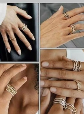 亚马逊新品堆叠立方氧化锆戒指18k金钛钢厚实高光泽金银双拼戒指