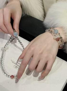 oein天然绿幽灵多宝双圈手串粉水晶绿萤石珠海蓝宝紫塔晶水晶手链