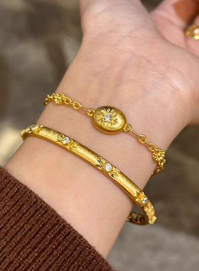 中古金色太阳花仿锆石手镯风复古重工高级感轻奢叠戴八芒星手链女