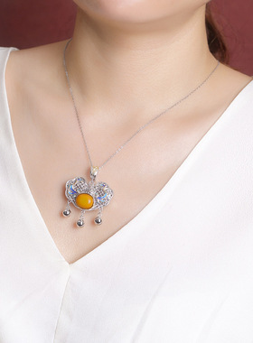 壹鹿银S925纯银和田玉晴水玉蜜蜡葫芦如意珐琅复古做旧挂坠银吊坠