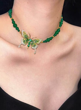 设计感时尚轻奢女士原创小众高级感叠戴长款项链绿色蝴蝶锁骨链