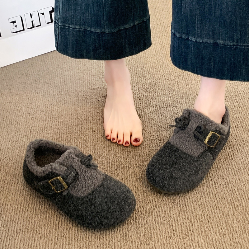 爆款勃肯鞋女2025秋冬季新款内增高加绒豆豆鞋毛毛棉鞋子灰色毛绒 - 图2