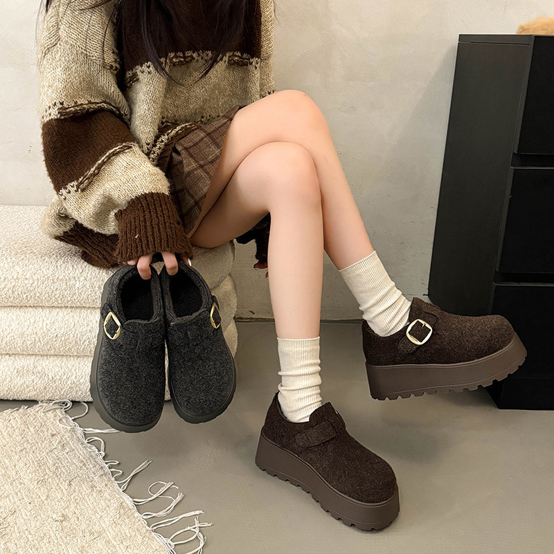 厚底灰色毛呢全包加绒勃肯鞋女2025冬季新款小个子增高一脚蹬棉鞋,淘宝优惠券,粉丝福利购,淘宝优惠卷