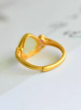 时尚国风和田白玉925银镶小众气质百搭开口戒指女士款真玉石指环