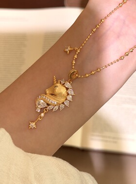 梦幻木马中古拉丝闪钻芒星独角兽吊坠项链女精致高级感锁骨链