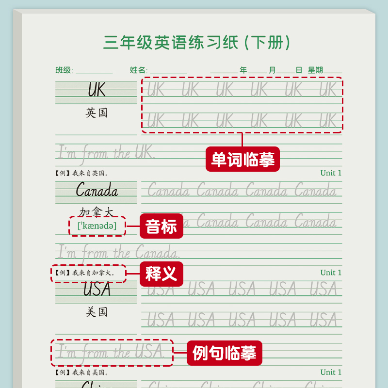 英语同步字帖三年级pep小学生3-6年级上册下册人教版意大利斜体手写体英文练字本描红单词描摹四五六年级练字帖四升五练习默写初中-图1