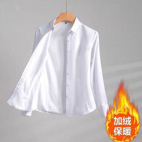 气质简约款长袖职业衬衫女秋冬新款加绒修身显瘦大码职业正装上衣 - 图0