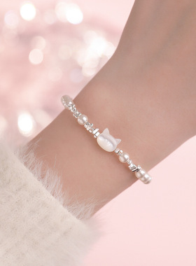 足银S999国风猫头碎银珍珠手链女新款气质优雅法式复古手饰