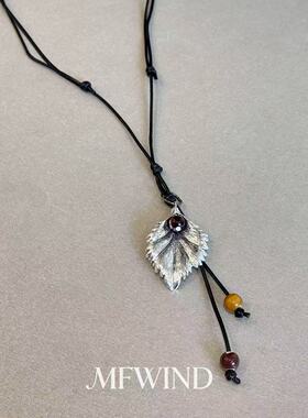 新中式民族风金属叶子吊坠毛衣链女长款吊坠颈链复古高级感项链