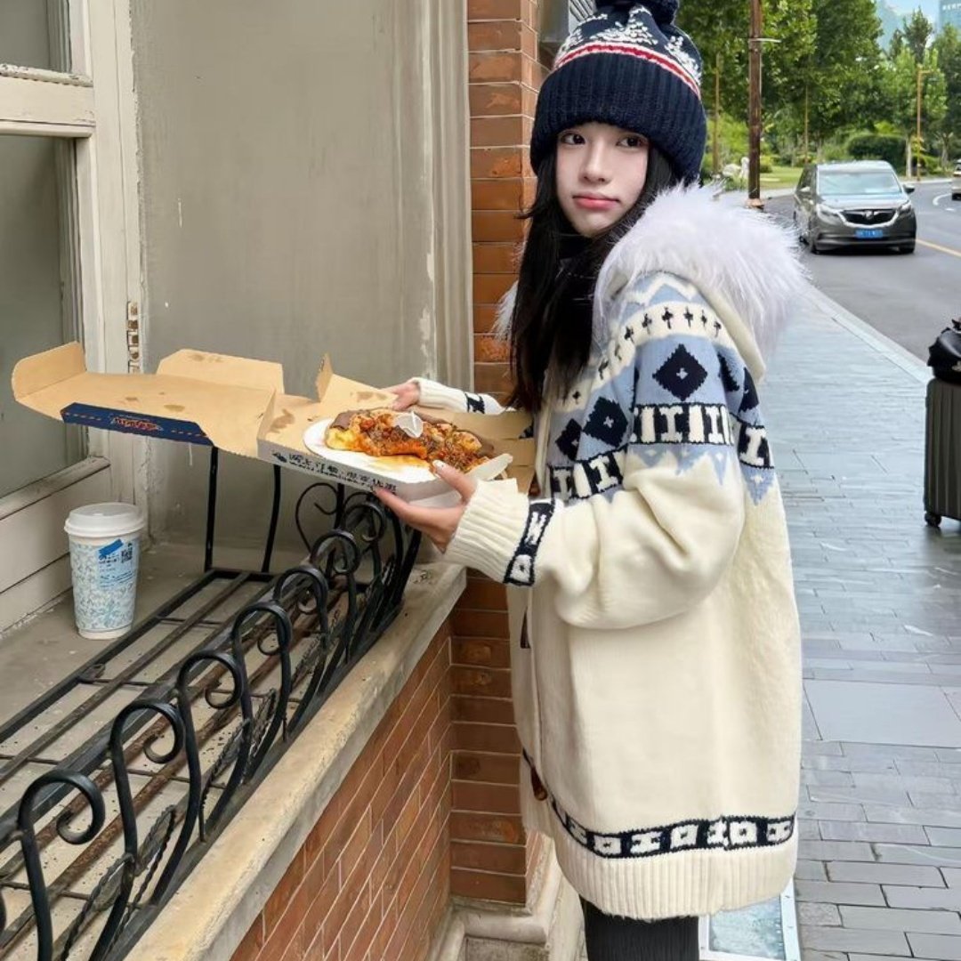 费尔岛大毛领连帽毛衣女秋冬季高级感宽松大码内搭针织开衫上衣,淘宝优惠券,粉丝福利购,淘宝优惠卷