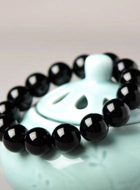 纯黑天然乌金黑曜石手链