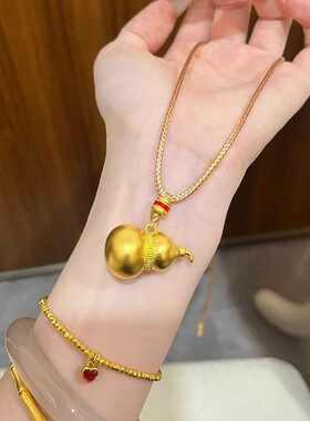 古法黄金色大葫芦吊坠新中式福禄葫芦项链手工编织绳毛衣链钛钢