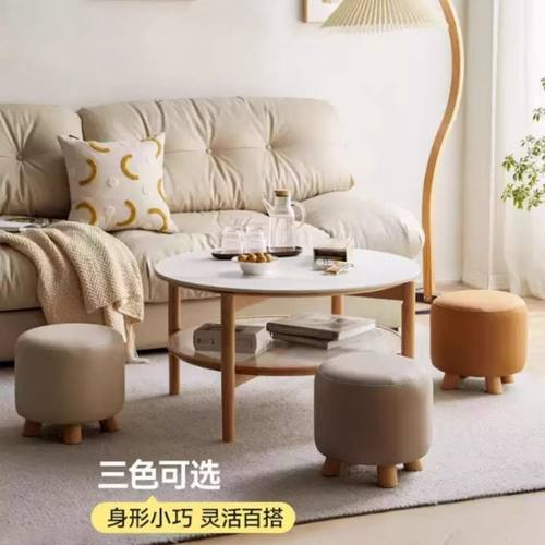 实木圆凳客厅门口家用换鞋凳简约加厚沙发脚凳科技布舒适小矮凳子 - 图2