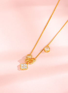 s925纯银中古金色路路通跑环四叶草项链新款锁骨链网红气质