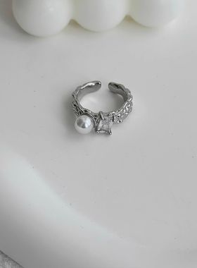 钛钢珍珠镶嵌钻开口可调节不规则戒指女ins小众设计感高级感指环