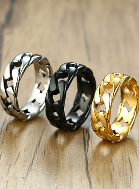 古巴链戒指首饰 欧美风潮男机车钛钢链条戒指金色男款 现货R495