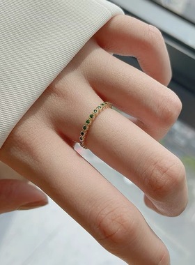 日韩S925纯银镀14K金祖母绿色开口戒指 小众设计高级感戒指女批发