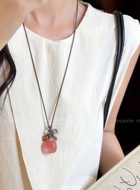 天然石珍珠编织绳项链女复古新中式虎眼石锁骨链长款挂脖配饰七夕