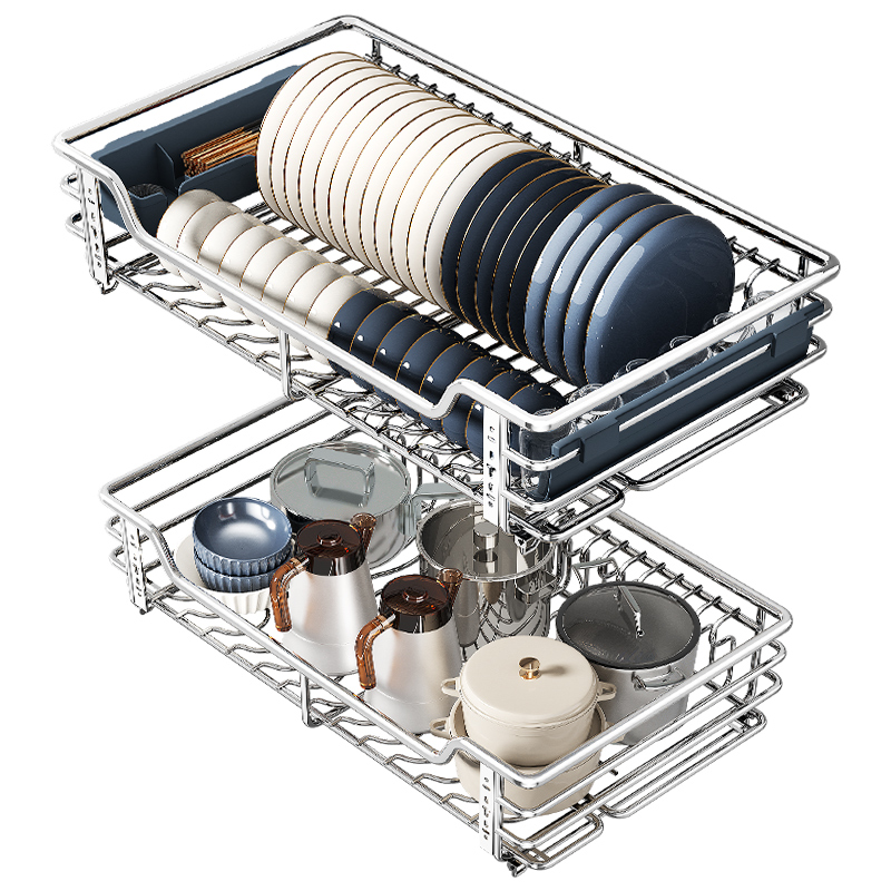 尔沫拉篮厨房橱柜碗篮304不锈钢双层抽屉式收纳碗碟架柜厨柜拉蓝