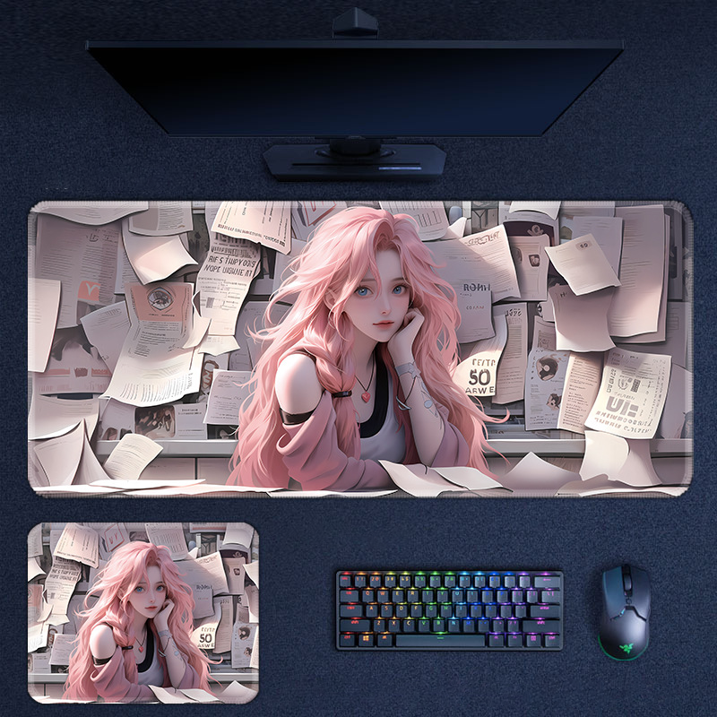 鼠标垫超大号男女生锁边二次元电竞女电脑书桌垫键盘垫子桌面高达