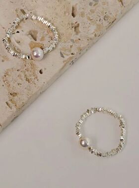 2023年时尚潮简约小众设计感碎银子珍珠戒指ins 女个性可调节指环