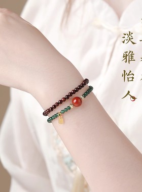 印度天然小叶紫檀手串女款蓝水翡翠高密紫檀木南红手链正品红玛瑙