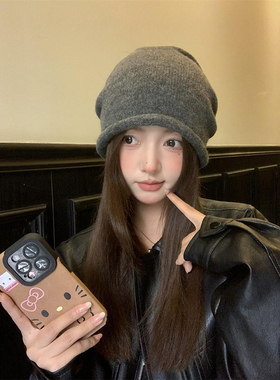 韩系灰色针织毛线帽女秋冬冷帽