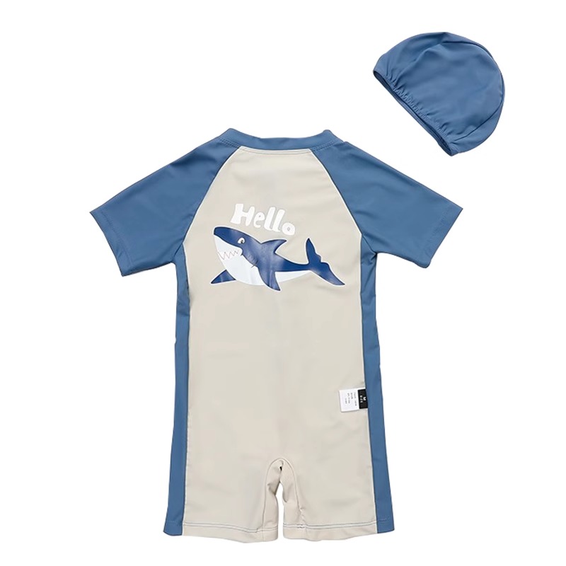 儿童泳衣男童夏季可爱鲨鱼连体短袖吸汗防晒速干沙滩度假泳装套装 - 图3
