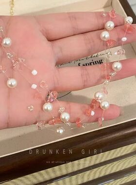 粉色串珠项链女多巴胺小众颈链配饰2025新款配裙子海边锁骨链