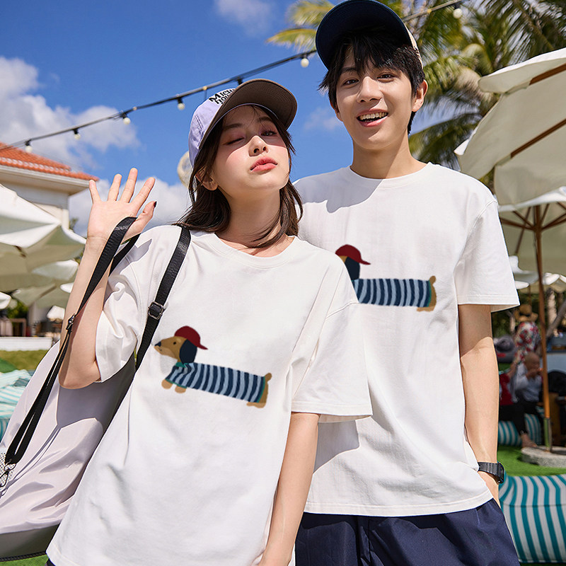 纯棉宽松腊肠狗印花短袖t恤男女情侣夏季新品百搭休闲上衣